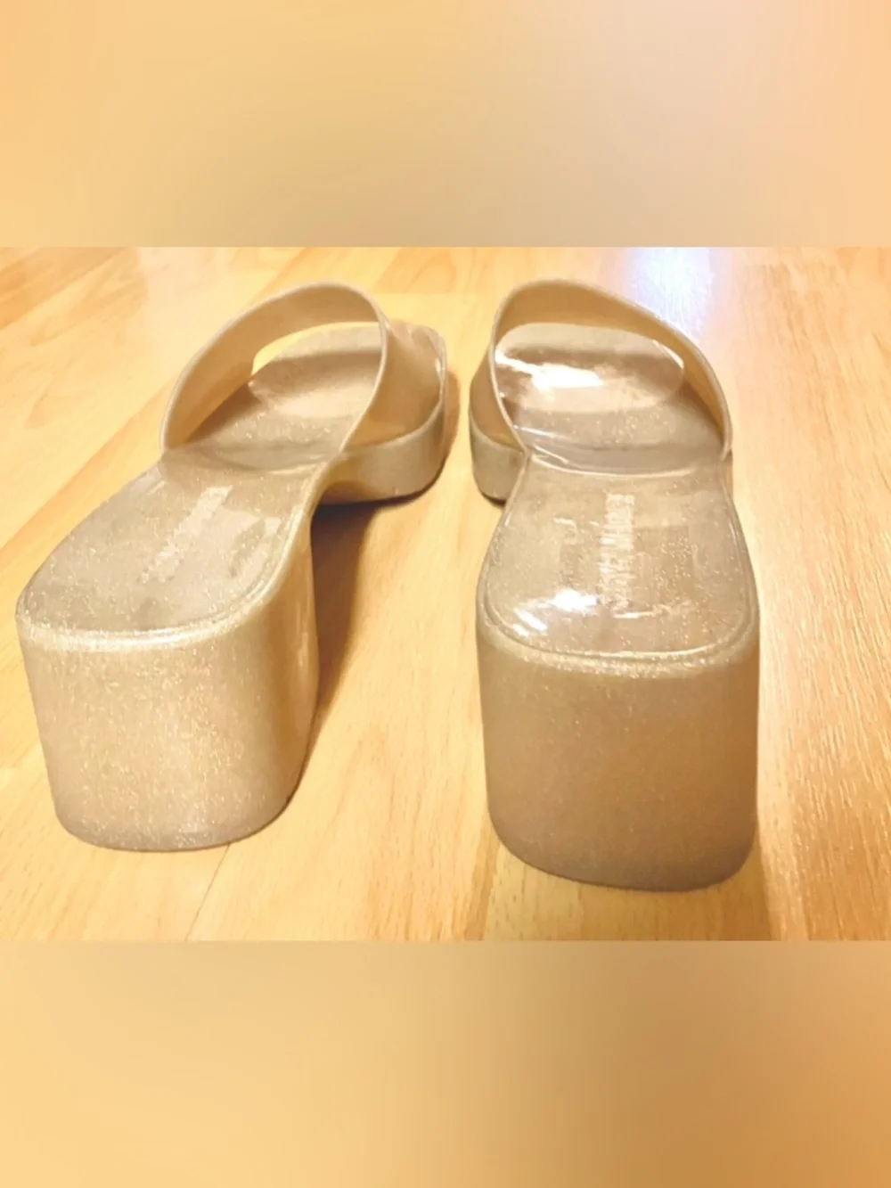 Steve Madden Glitter Gloss Jelly Slide Block Heel Sandal - Gold/Tan: Size 8